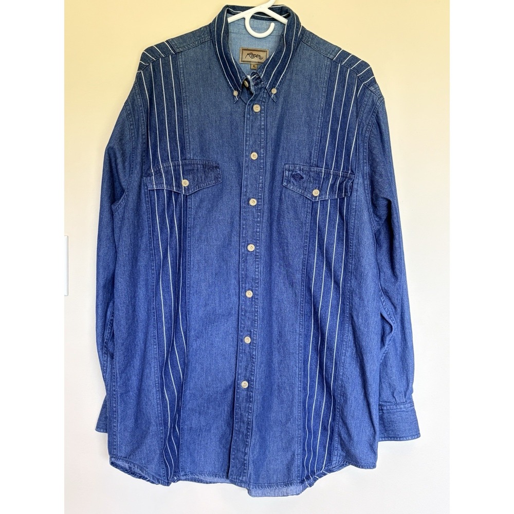 Vintage VTG Roper Denim Stripe Western Rodeo Long‎ Sleeved Button Down Shirt XL